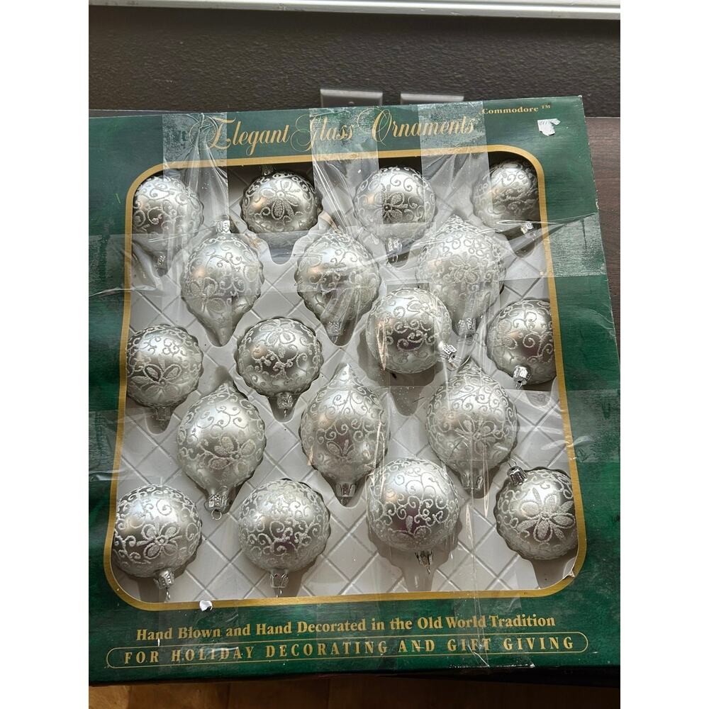 Vintage elegant glass ornaments silver glitter hand blown balls